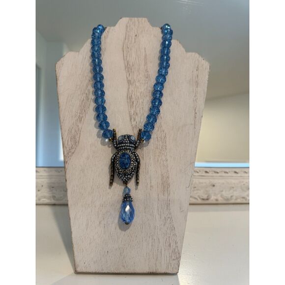 Heidi Daus Blue Beaded Crystal Scarab Beetle Statement Necklace Rare - Picture 1 of 4
